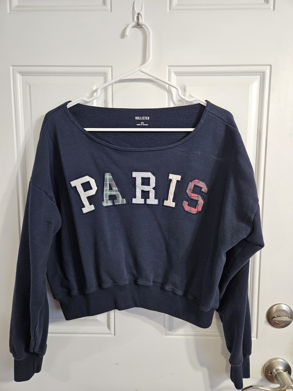 Hollister Navy Cropped 'PARIS' Plaid Letter Sweatshirt
